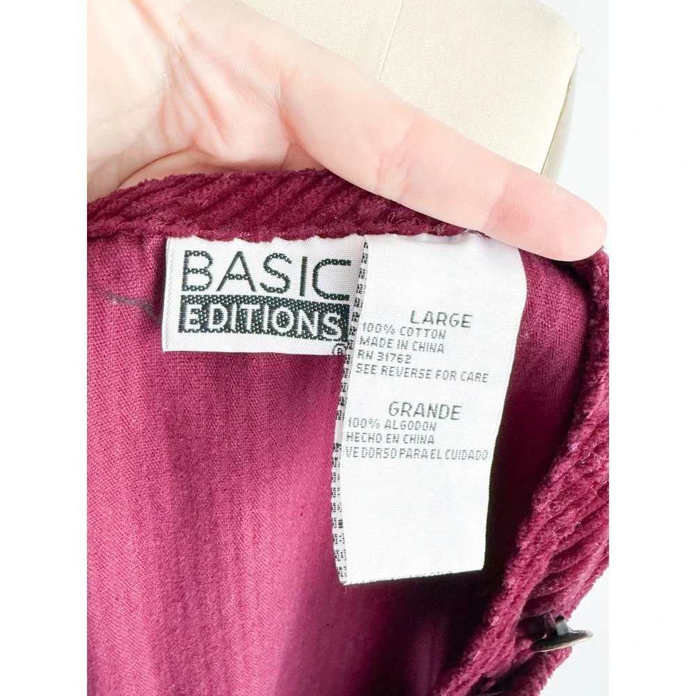 Basic Editions Corduroy Jumper Dress Vintage Pinafore Large Burgundy Button Up